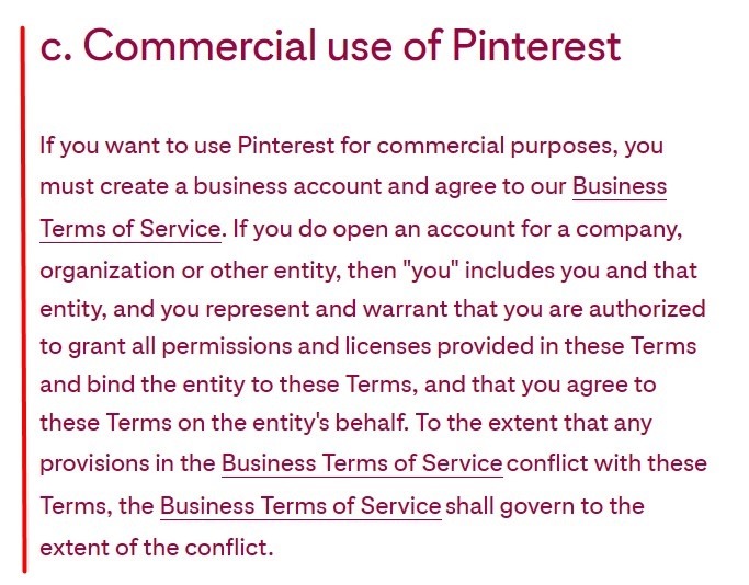 PInterest Terms of Service: Commercial Use clause