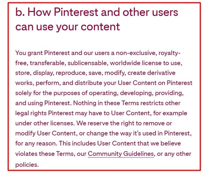 Pinterest Terms of Service: How Pinterest and other users can use your content clause