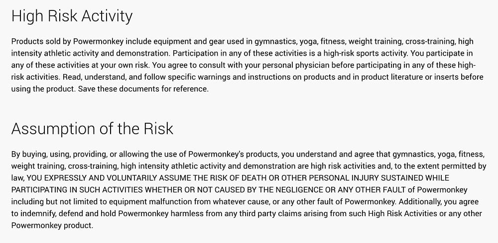 Powermonkey Fitness Disclaimers for High Risk Activity and Assumption of Risk