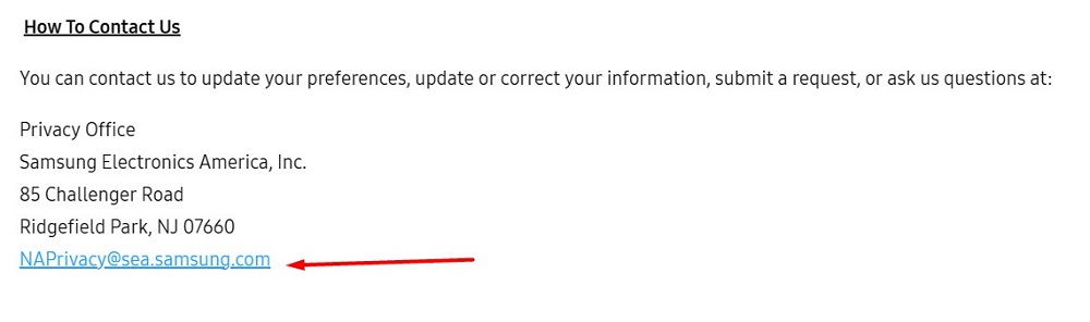 Samsung Privacy Policy: How to contact us clause