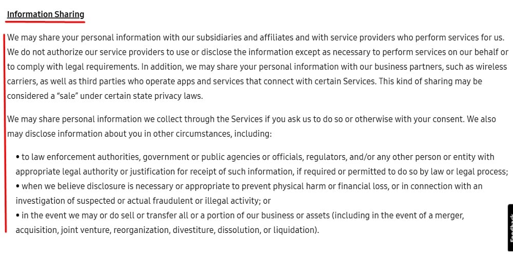 Samsung Privacy Policy: Information Sharing clause