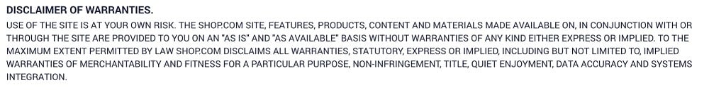 Shop Terms of Use: Disclaimer of Warranties clause