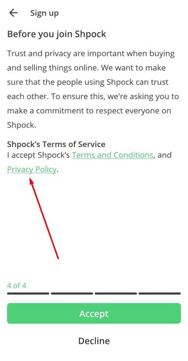 Shpock app sign-up and accept Terms of Service and Privacy Policy screen