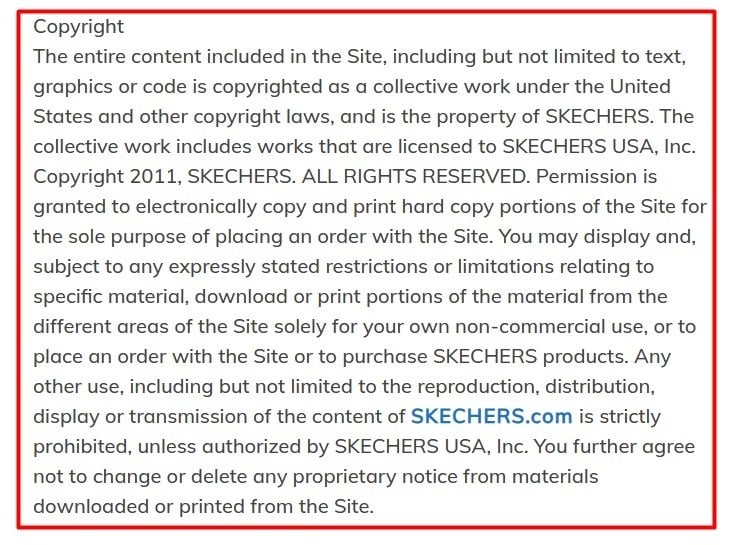 Skechers Terms and Conditions Copyright clause