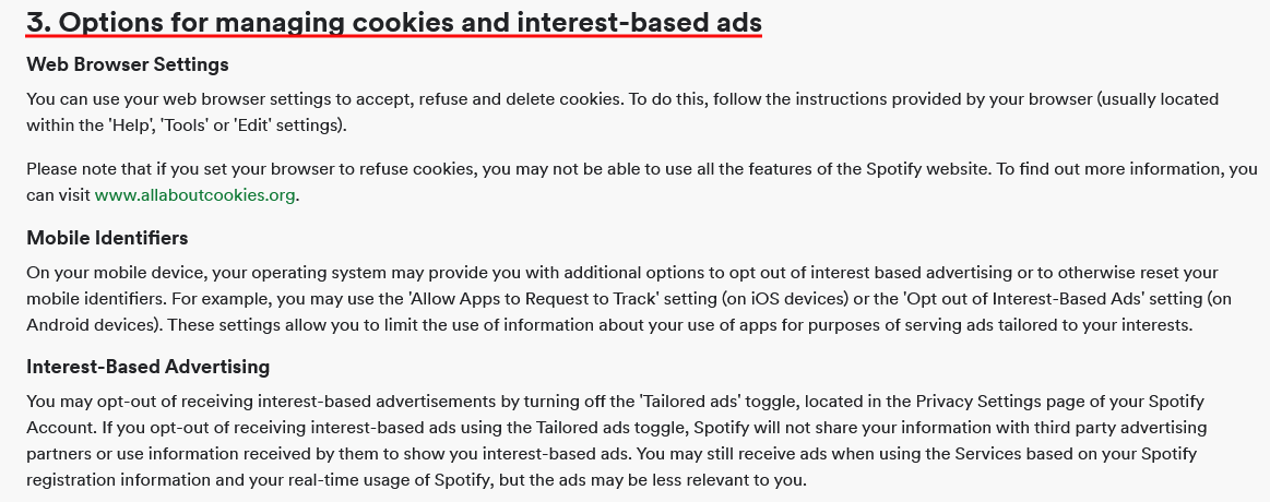 Spotify Cookies Policy: Options for managing cookies clause excerpt