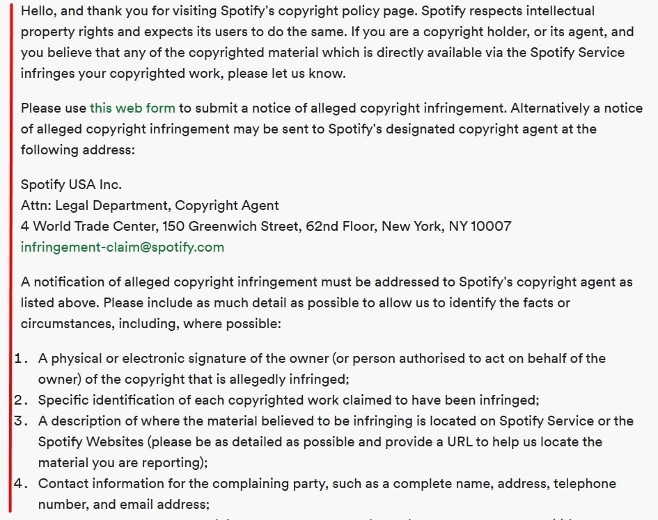 Spotify Copyright Policy: Submit a notice section