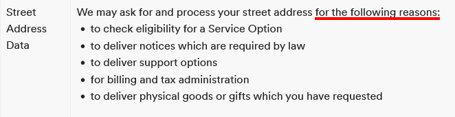 Spotify Privacy Policy: Street Address Data section