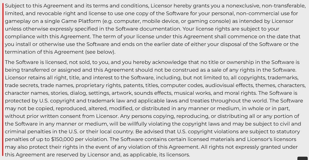 Take-Two Interactive Software EULA: License grant section