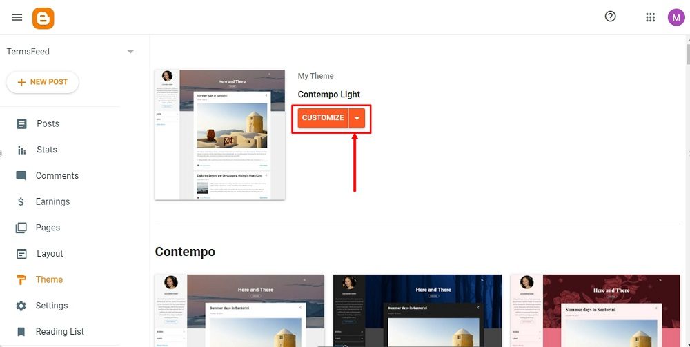 TermsFeed Blogger: Dashboard - Theme - Open Customize options