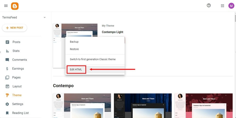 TermsFeed Blogger: Dashboard - Theme - Customize - Edit HTML highlighted