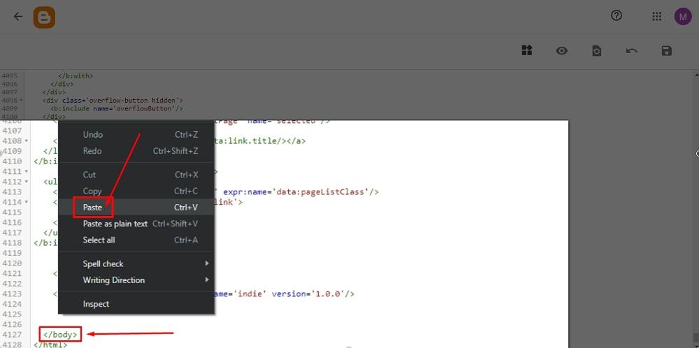 TermsFeed Blogger: Dashboard - Theme - Customize - Edit HTML - Paste Cookie Consent code highlighted