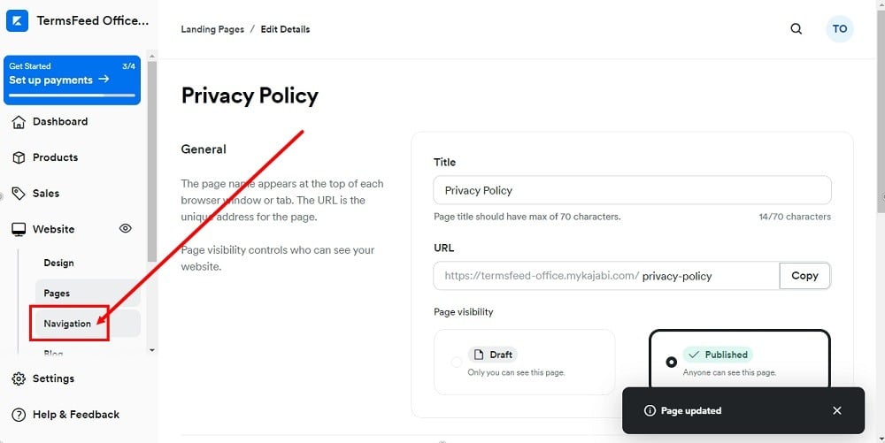 TermsFeed Kajabi: Dashboard - Website - Navigation selected