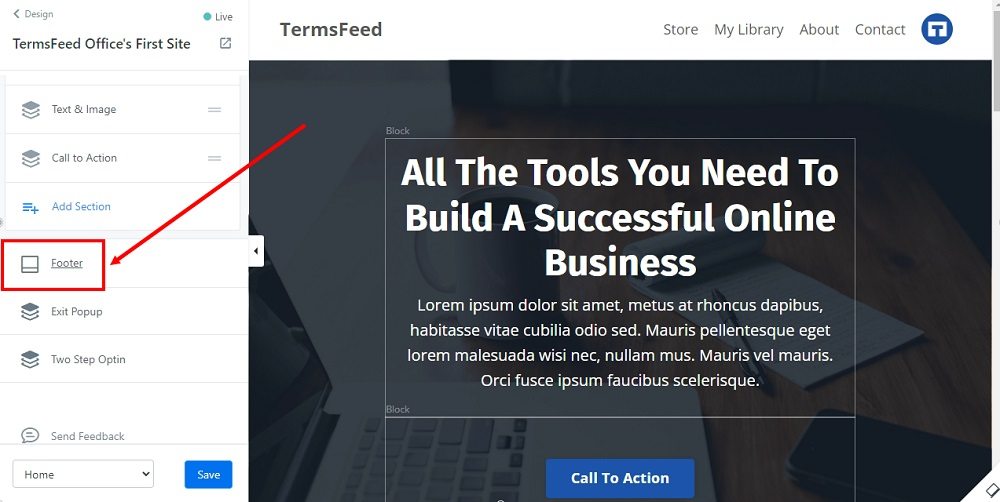 TermsFeed Kajabi: Dashboard - Website - Design - Customize - Sections - Footer  selected