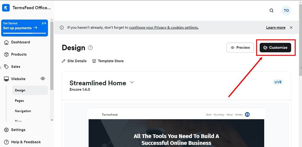 TermsFeed Kajabi: Dashboard - Website - Design - Customize selected