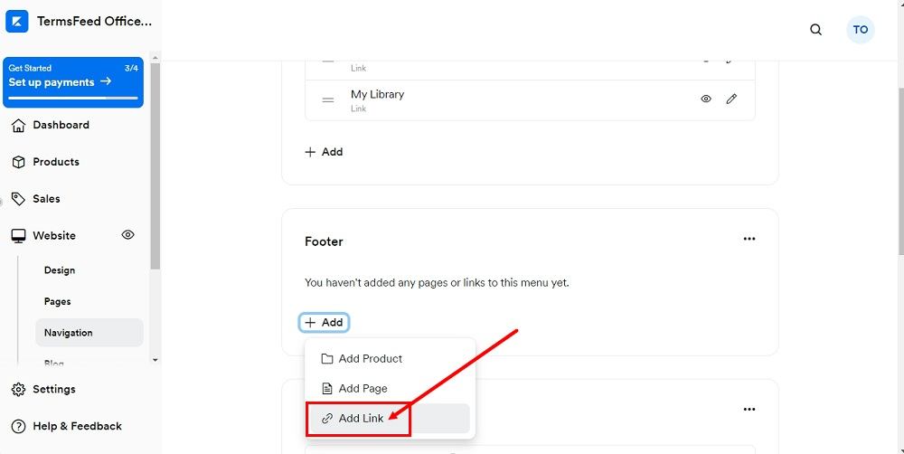 TermsFeed Kajabi: Dashboard - Website - Navigation - Footer - Add Link selected
