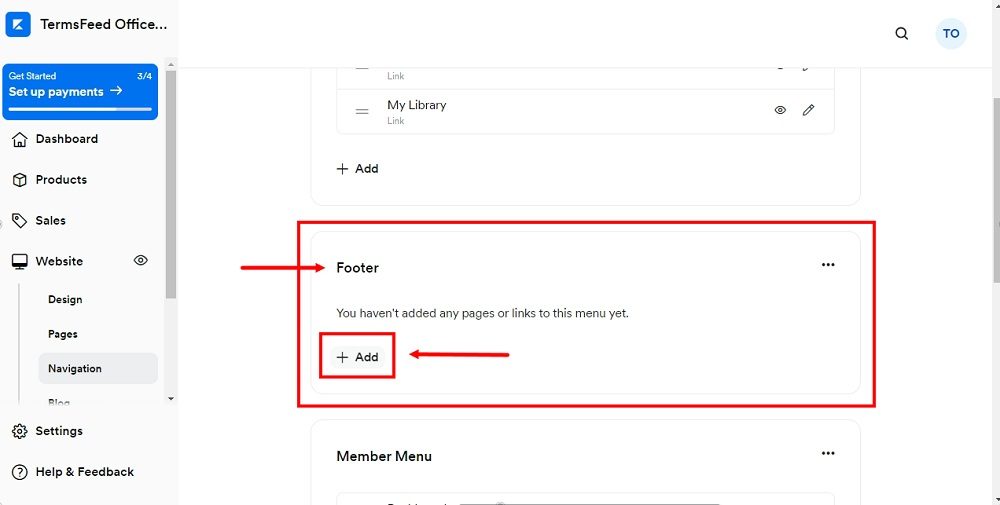 TermsFeed Kajabi: Dashboard - Website - Navigation - Footer - Add selected