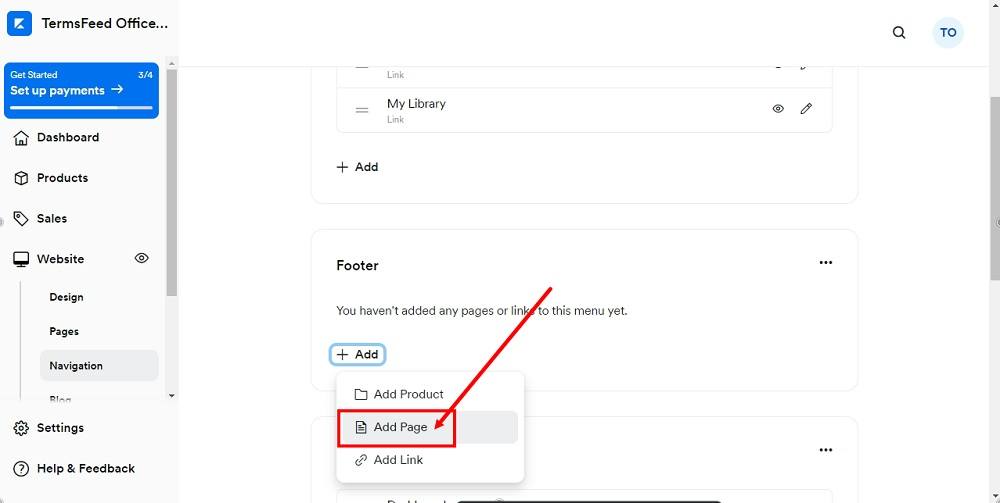 TermsFeed Kajabi: Dashboard - Website - Navigation menu - Footer - Add Page selected