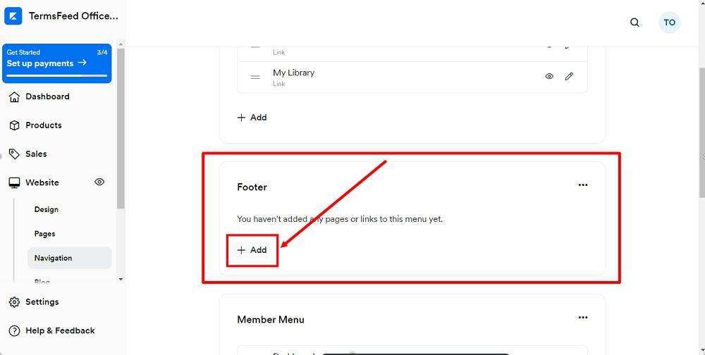 TermsFeed Kajabi: Dashboard - Website - Navigation menu - Footer - Add selected