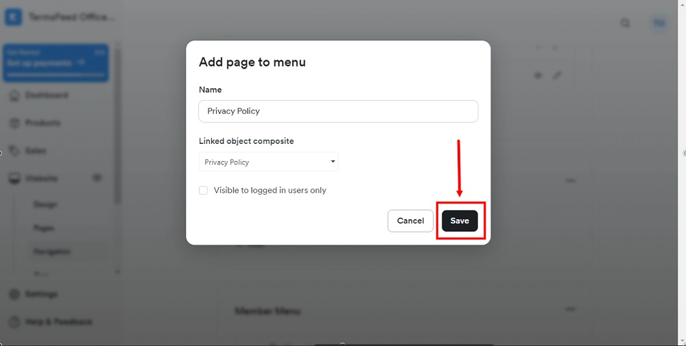 TermsFeed Kajabi: Dashboard - Website - Navigation menu - Footer - Added Privacy Policy - Save selected