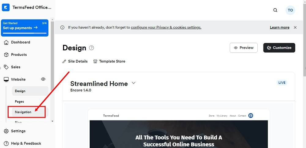 TermsFeed Kajabi: Dashboard - Website - Navigation selected