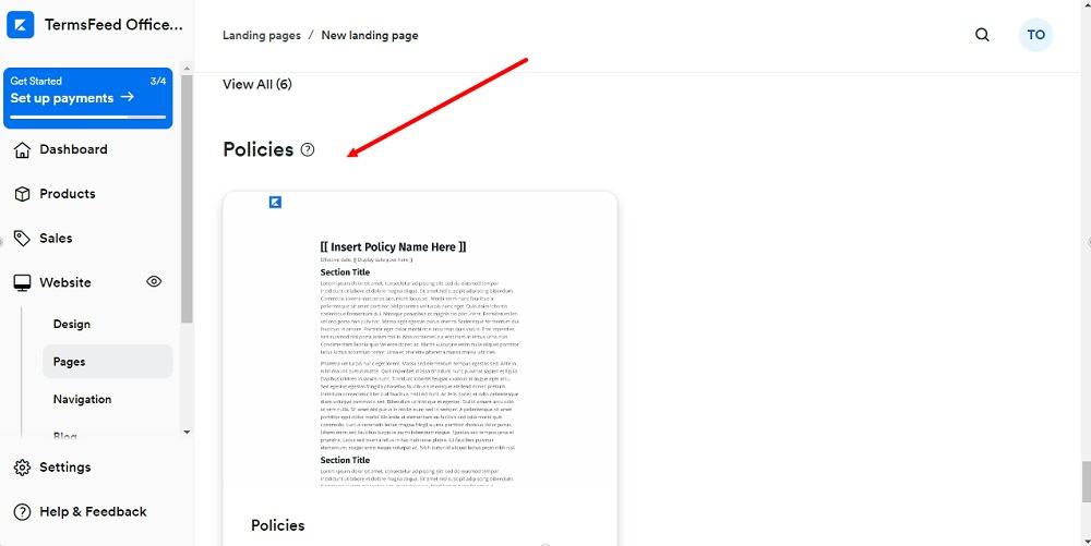 TermsFeed Kajabi: Dashboard - Website - Pages - Landing  - Add new Policies Template selected