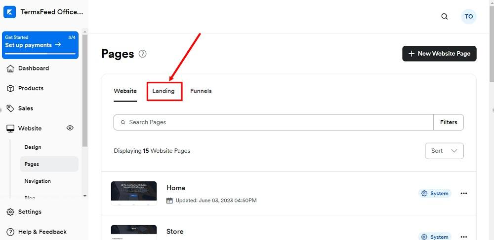 TermsFeed Kajabi: Dashboard - Website - Pages - Landing selected
