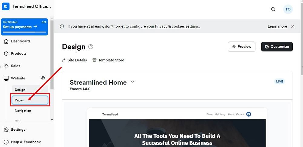 TermsFeed Kajabi: Dashboard - Website - Pages selected