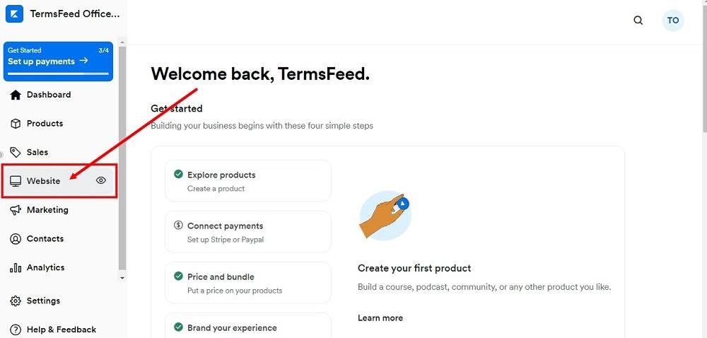 TermsFeed Kajabi: Dashboard - Website selected