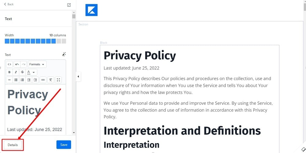 TermsFeed Kajabi: Landing  - Policies - Privacy Policy - Builder - Text -  Details selected