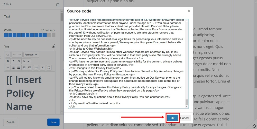TermsFeed Kajabi: Landing  - Policies - Privacy Policy - Builder - Text - Code - Source - OK - selected