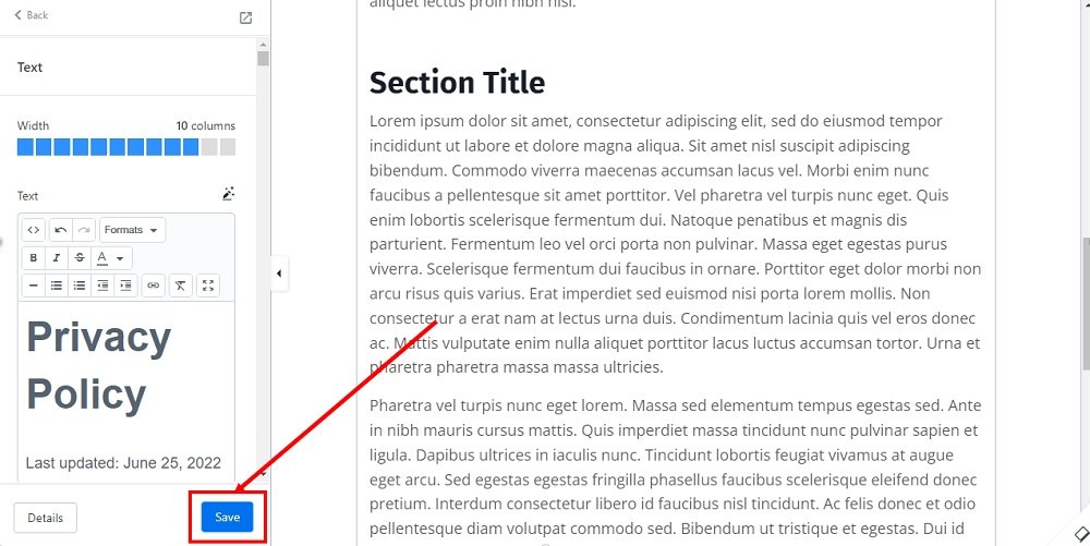 TermsFeed Kajabi: Landing  - Policies - Privacy Policy - Builder - Text -  Save selected