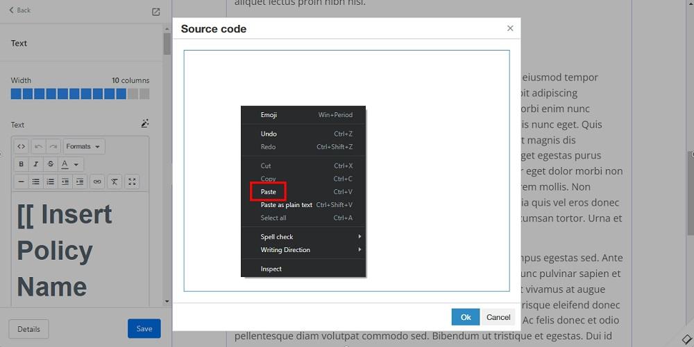 TermsFeed Kajabi: Landing  - Policies - Privacy Policy - Builder - Text - Code - Source - Paste option selected