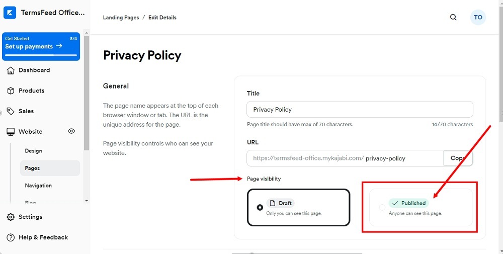 TermsFeed Kajabi: Landing page editor - Privacy Policy - General - Page visibility - Publish selected