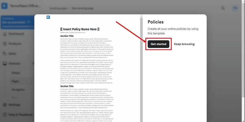 TermsFeed Kajabi: Landing  - Add new Policies Template - Get Started selected