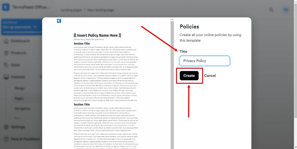 TermsFeed Kajabi: Landing  - Policies - Privacy Policy - Create selected
