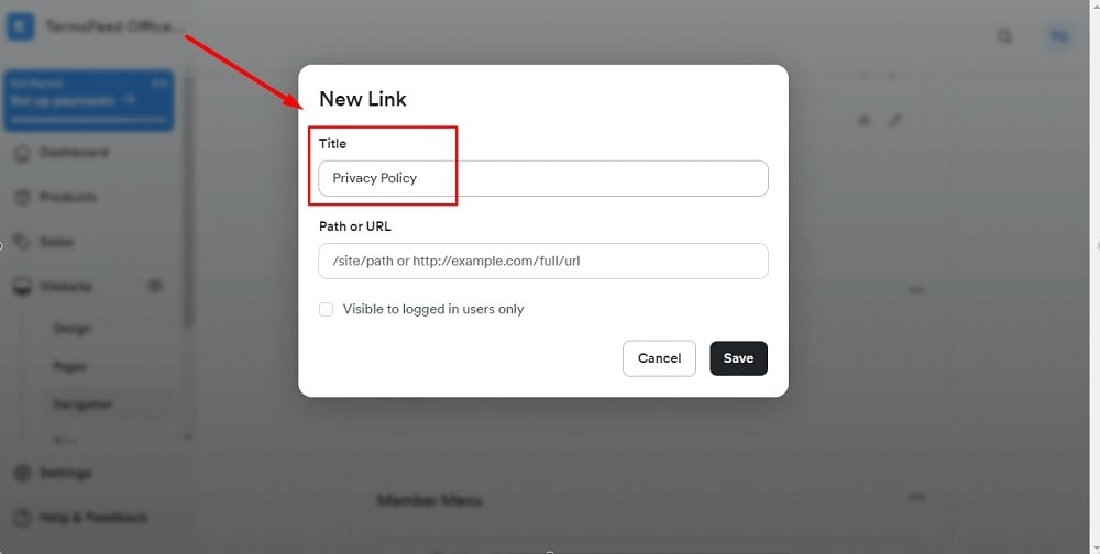TermsFeed Kajabi: Navigation - Footer - Add New Link - Privacy Policy Title added