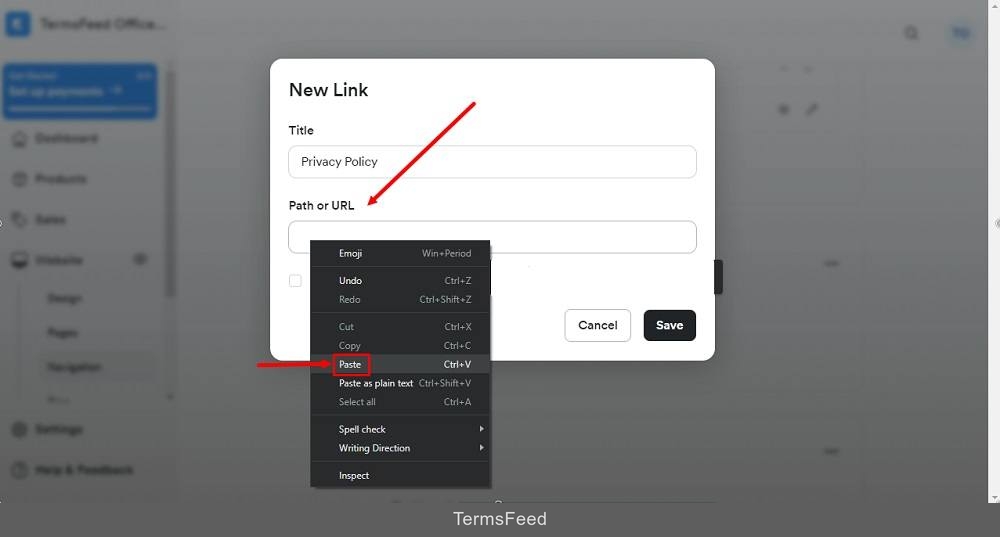TermsFeed Kajabi: Navigation - Footer - Add New Link - Privacy Policy Title added - Path or URL paste option highlighted