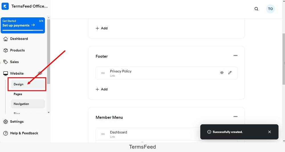 TermsFeed Kajabi: Navigation - Footer - Design highlighted
