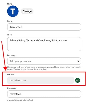 TermsFeed Pinterest account with Website field highlighted