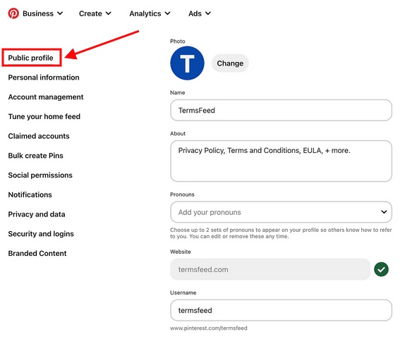 TermsFeed Pinterest menu with Public profile highlighted