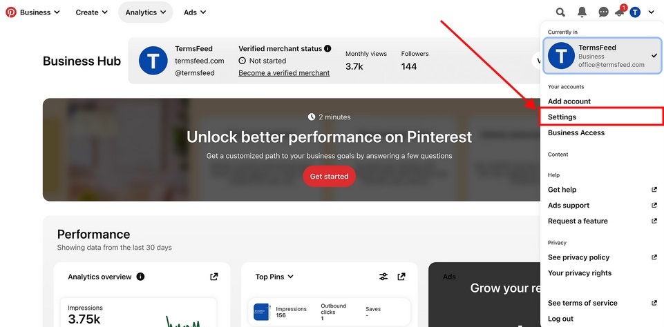 TermsFeed Pinterest menu with Settings option highlighted