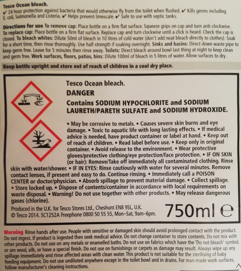 Photograph of Tesco Ocean Bleach back label with disclaimers and warnings