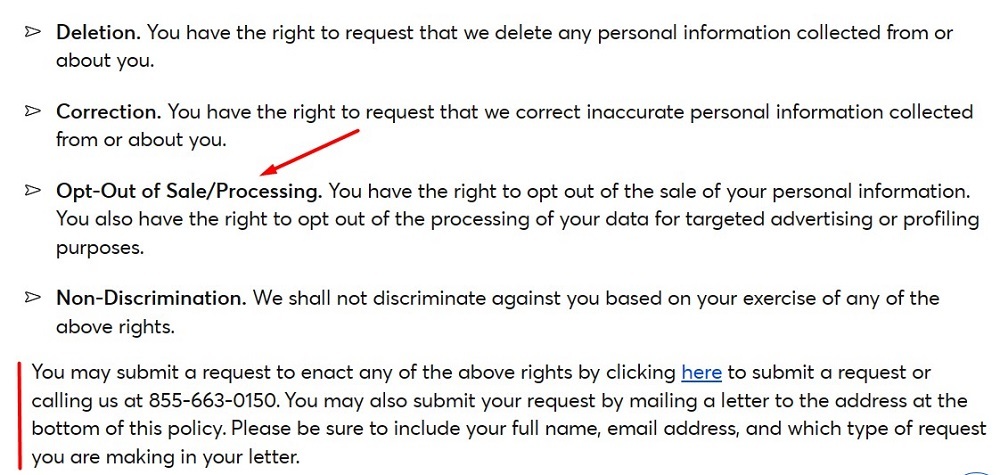 Ticketmaster Privacy Policy: Right to opt-out of sale and processing section