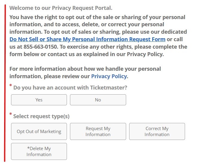 Screenshot of Ticketmaster Privacy Request Portal