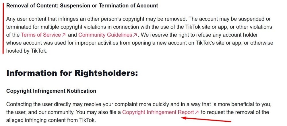 TikTok Copyright Policy: Copyright Infringement clause - Removal of Content and Copyright Infringement Notification sections