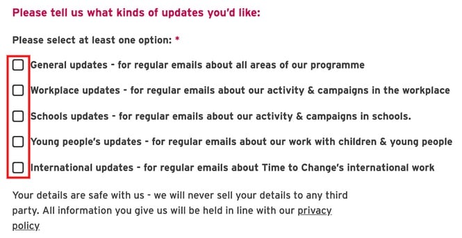Time to Change email updates preferences checkboxes to get granular consent