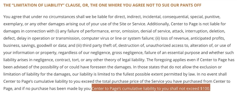 Tracking Wonder Terms and Conditions: Limitation of Liability clause