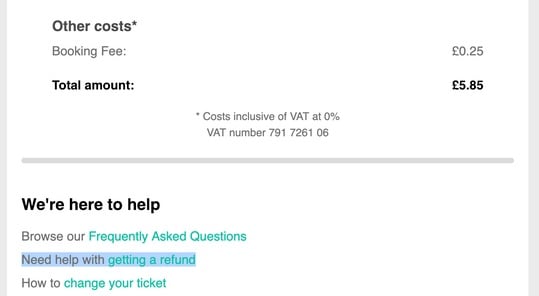 Trainline email with refund help link highlighted