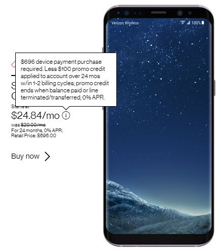 Verizon deal: Samsung Galaxy advertisement with information disclaimer