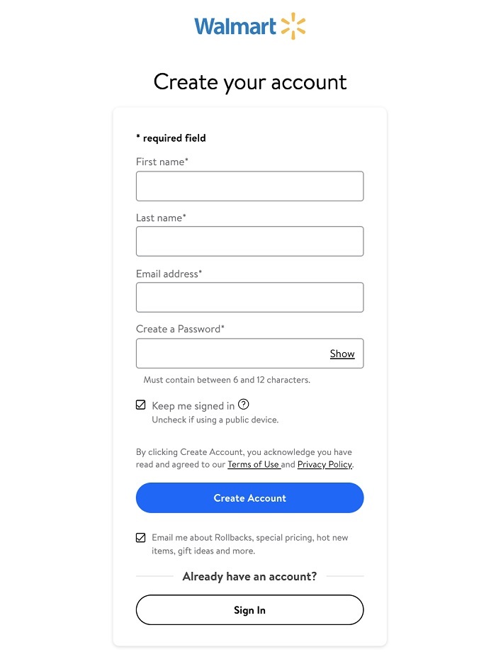 Walmart account sign-up form with pre-checked email consent box